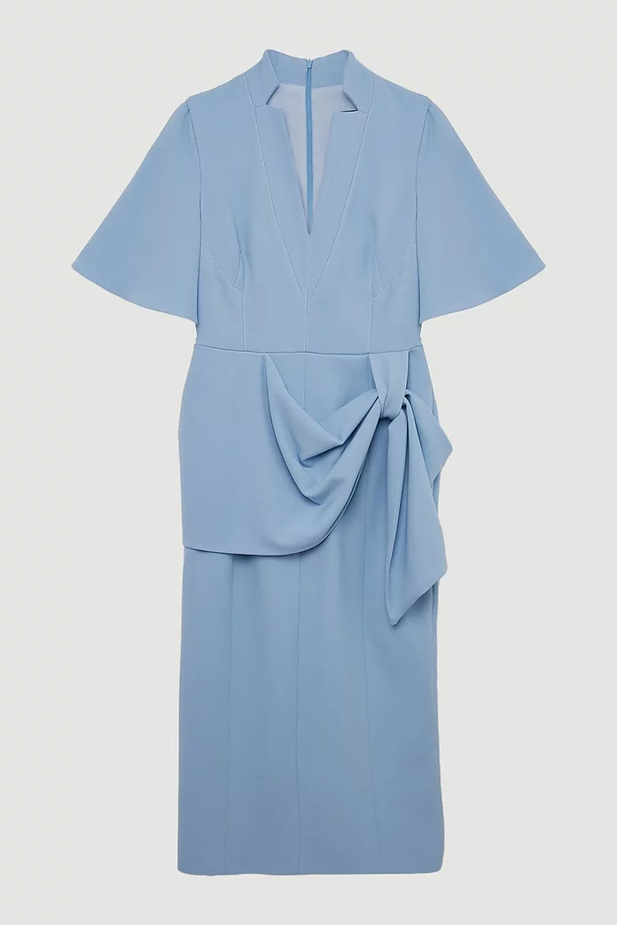 Structured Crepe Tailored Angel Sleeved Midi Pencil Dress Structured Crepe Tailored Angel Sleeved Midi Pencil Dress